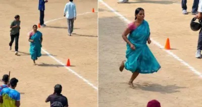 చీరతో చెప్పుల్లేకుండా పరుగెత్తి అందరి మనసులు గెలిచిన మహిళ