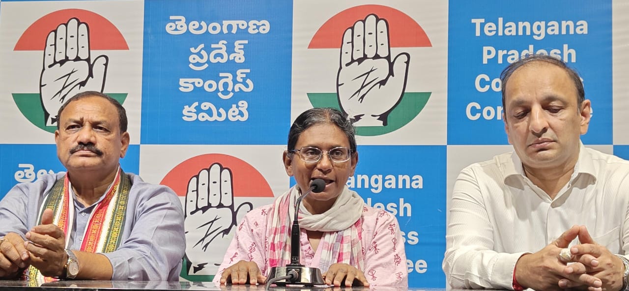 Meenakshi Natarajan speaking at a press conference held at Gandhi Bhavan