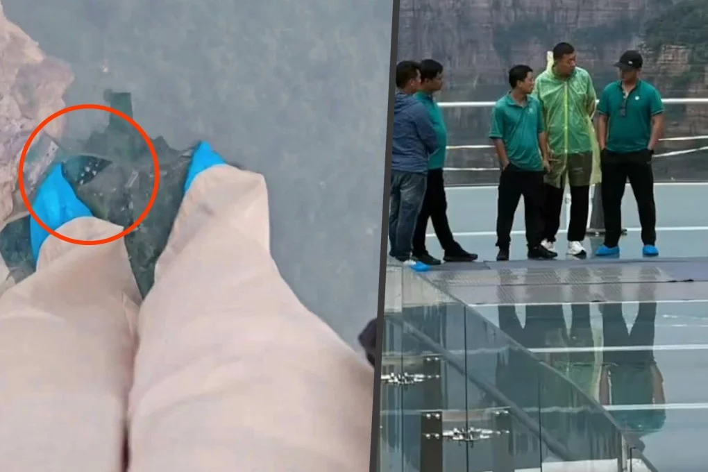 Boy's Mischief on Glass Bridge